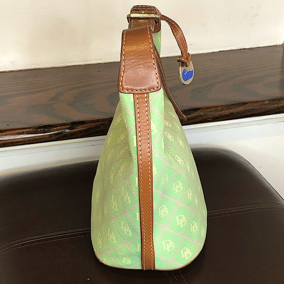 DOONEY & BOURKE Mint Green Bag w/ Pink White DB Monogram Brown Leather Handle - Picture 4 of 14